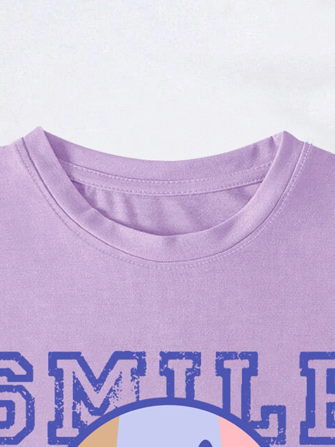 Cartoon Smiley Face Print T-shirt Casual Crew Neck Short Sleeve Purple Cute Fashion