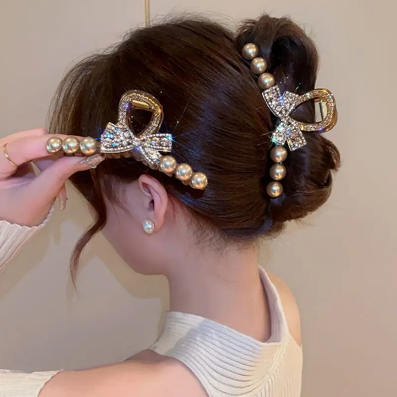 Fashion Edition New Pearl Crystal Bow Horse Tail Claw Clip Girl Hair Accessories