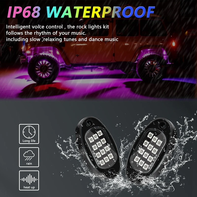 RGB Rock Lights, Multicolor Underglow Lights Kit With App Control Flashing Music Mode Waterproof Wheel Well Light Parts ,4 Pods