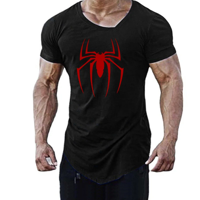 Hommes Fitness entraînement coupe ajustée Sport T-Shirts course Oblique col en v à manches courtes chemises araignée rouge décontracté gymnase musculation hauts