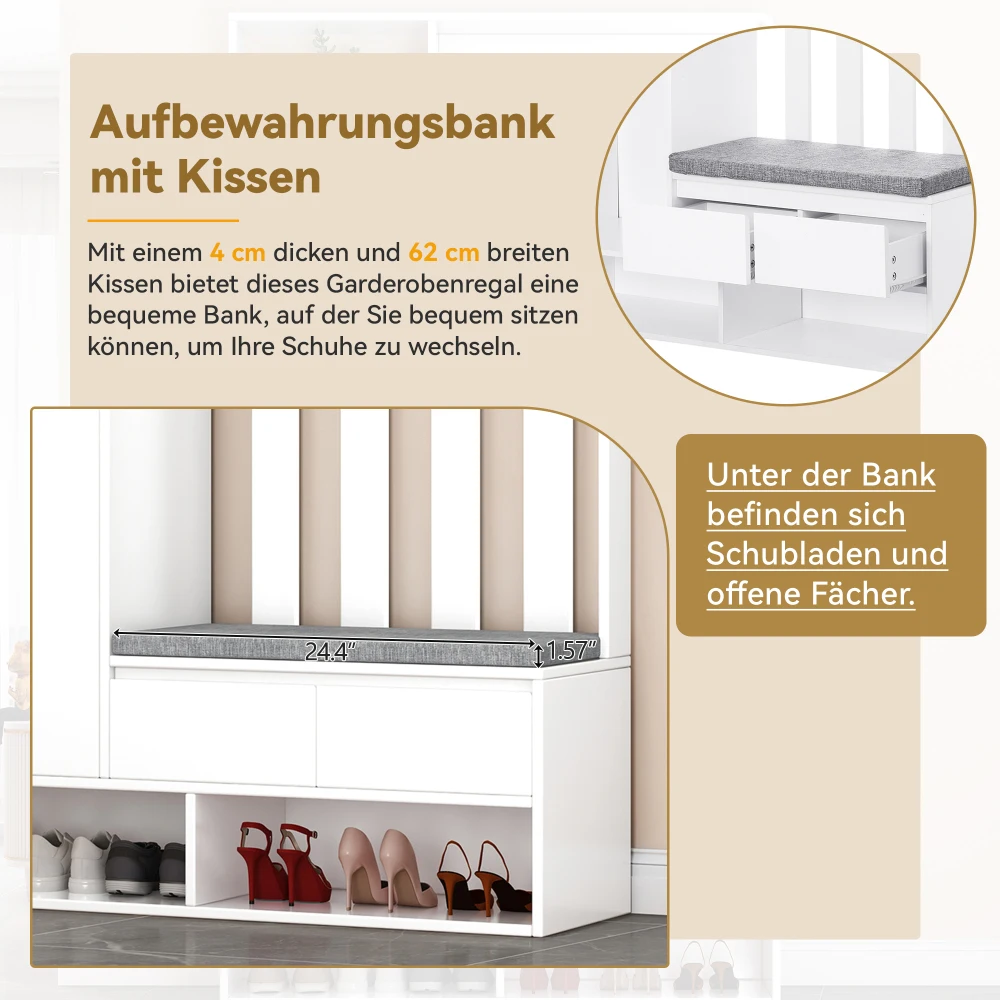 PINGGO Flur-Garderobe mit weicher Polsterung, langer Aufbewahrungsbank, multifunktionaler Schuhschrank für den Eingangsbereich, modernes Design, Plug-in-Schreibtisch – Detail 12