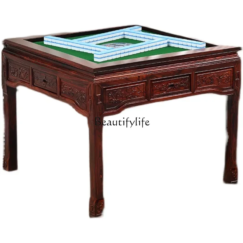 02National standard mahogany Indonesian black rosewood automatic mahjong table antique chess and card table