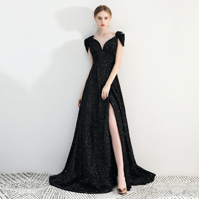 

New Sequin Evening Dresses Sexy V-neck Backless Black Vestido Longo Festa Simple Elegant A-line Robe De Soiree With Small Train