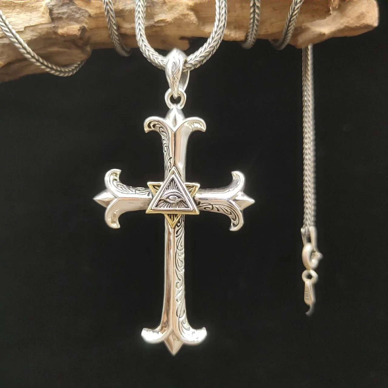 

s925 sterling silver European and American personalized vintage eye cross pendant necklace necklace hipster accessories