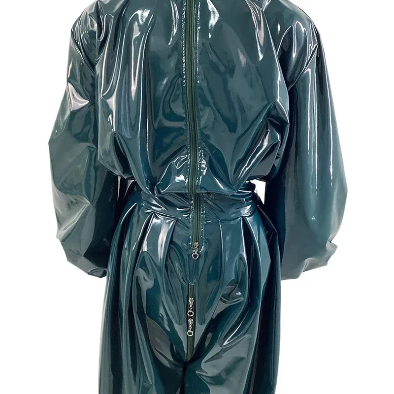 

asdh8@Wetlook Long Sleeve Pleat Loose Hooded Jumpsuit Mens Womens Shiny PVC Bloomers Rompers Halloween Party Cosplay Costume Zen