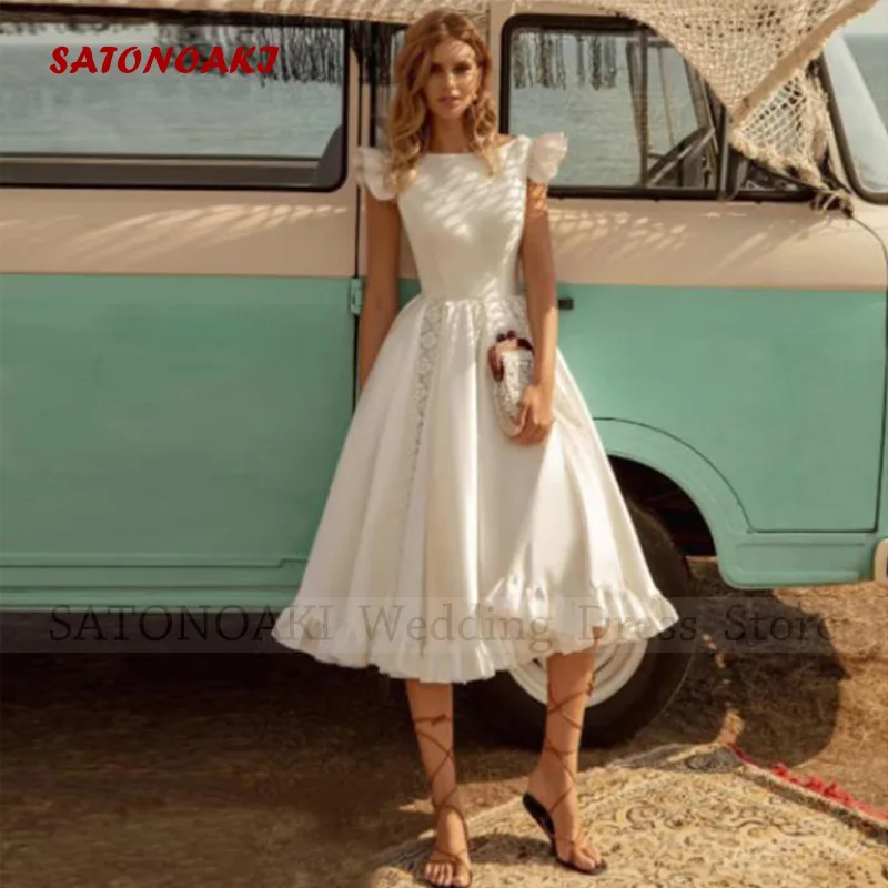 

Vestidos De Novia Elegant Sexy Boho Satin Short Wedding Dress A-Line O-Neck Tea Length Backless Bride Gowns Robe Mariée Custom