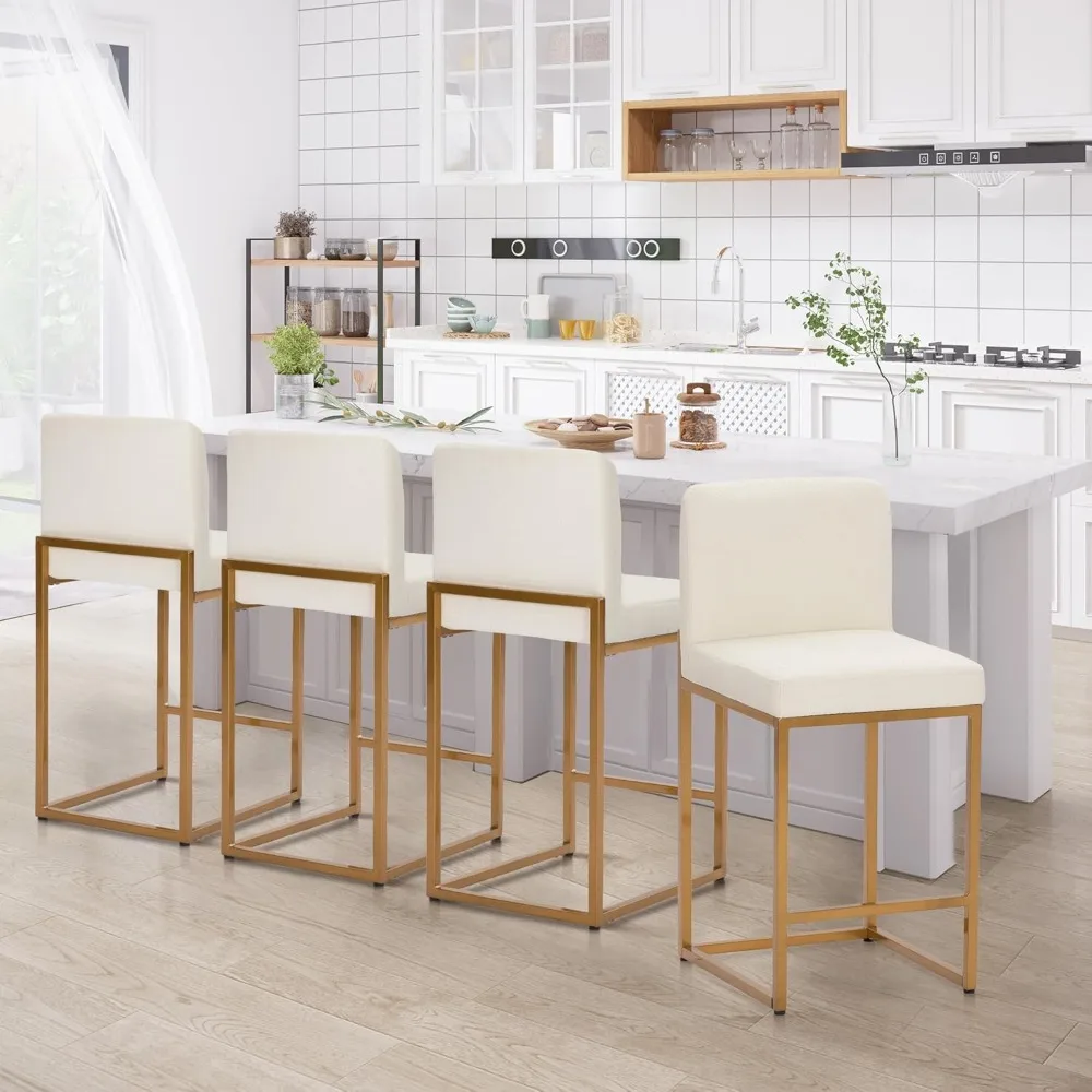 

White & Gold Bar Stools, Counter Height Bar Stools Set of 4 with Backs, Modern PU Leather Bar Chairs, 24 Inch, Customized