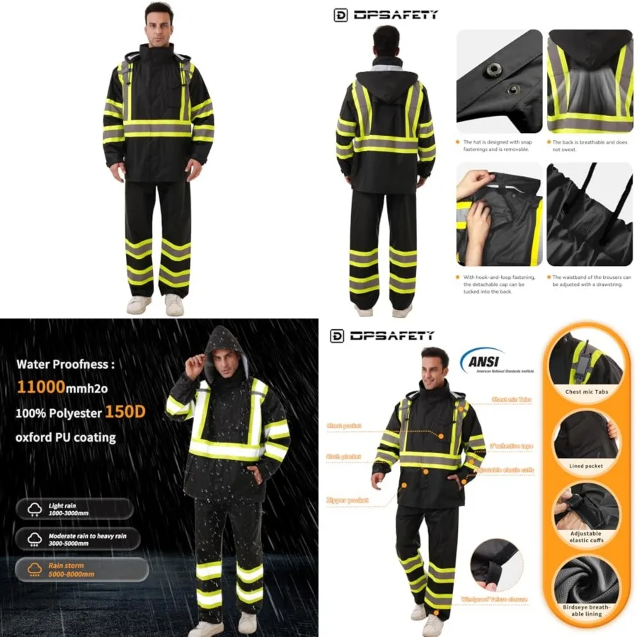 

Hi Vis Safety rain Jacket Reflective Class 3 Rain coat with Inner Mesh Lining and Pockets High Visibility Waterproof work Rain