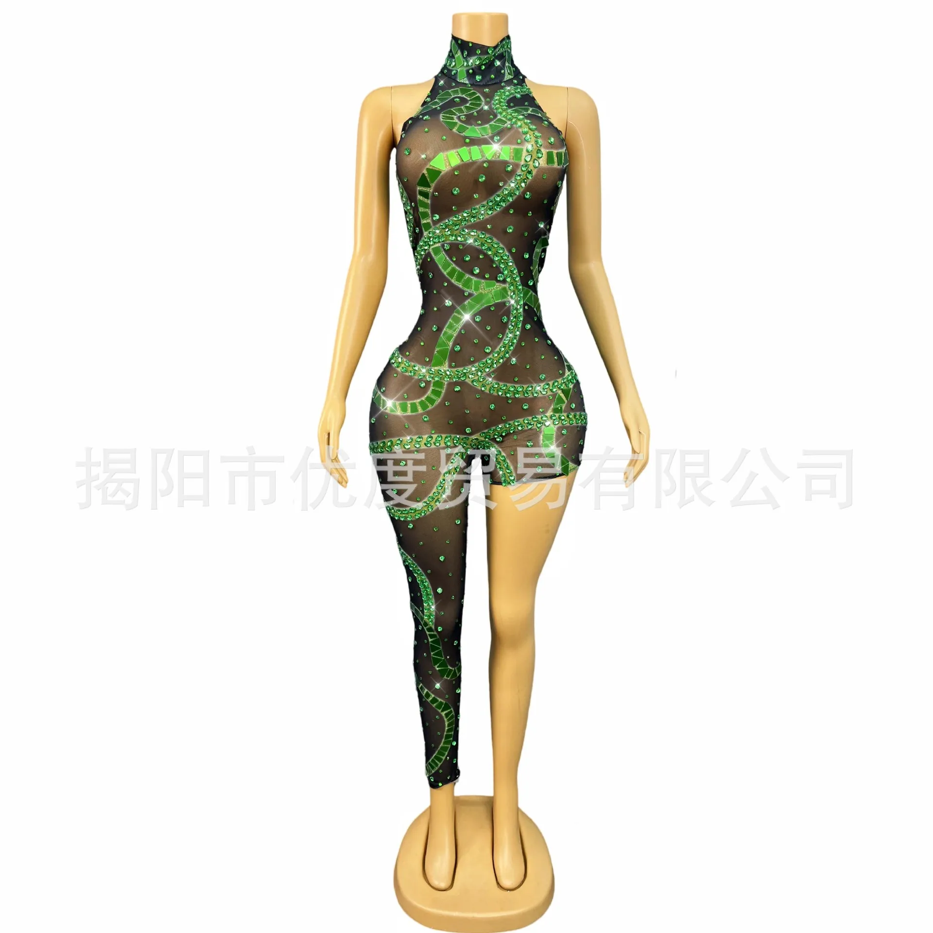 Domineering Personality Rhinestone Glam Mesh Unilateral Jumpsuit Cocktail Night Party Performance Green Disc Snake Partykleider