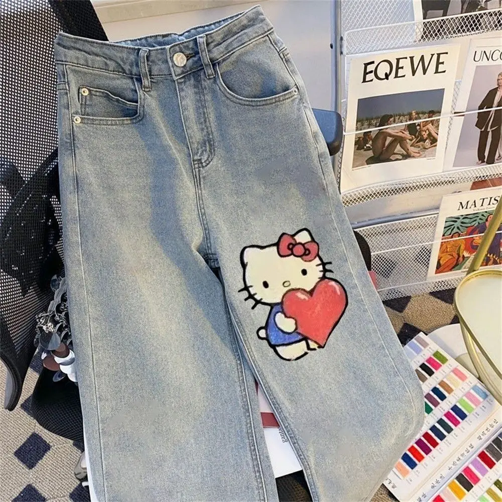 جينز هالو كيتي نسائي عالي الخصر باللون الأزرق الفاتح، دينم مغسول عتيق مع طباعة قلب قطة لطيفة، كاجوال فضفاض #4