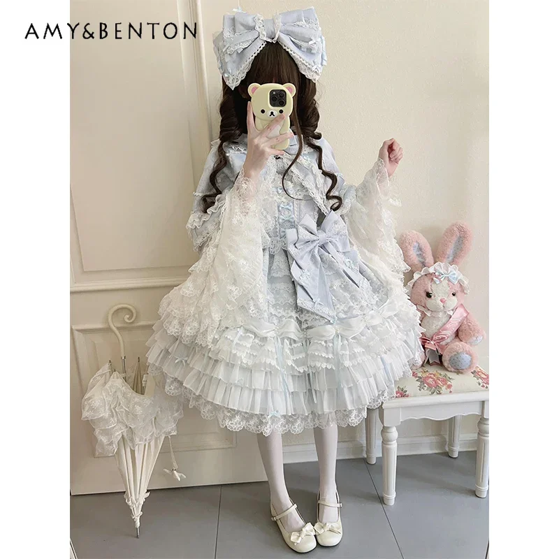 Temperamento princesa estilingue tutu vestido lolita vestido de aniversário para mulheres doce arco fino renda malha multi camada vestido jsk vestidos