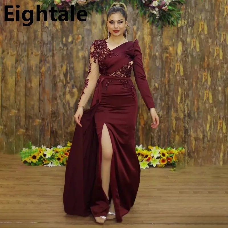 

2023 Eightale Burgundy Mermaid Satin Prom Dress Sexy Slit Evening Party Dress Long Sleeve Formal Prom Gown Robes De Soirée