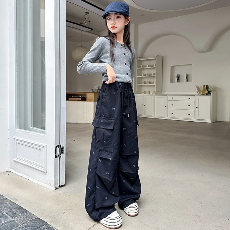 

Spring Autumn New Loose Straight Wide Leg Trousers For Teen Children Trendy SweatpantsGirls Cargo Pants With Bow Embroidery