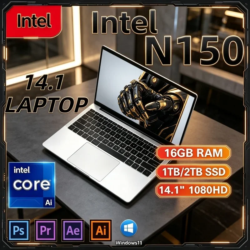 1920*1080 HD 14.1' New Gaming PC Intel Core N150 16GB 32GB 2TB Win11 Pro Hot 2026 Office Study Laptop
