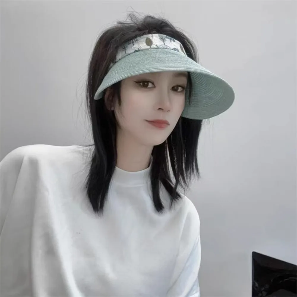 大きなつばの空頂帽子、上質なパピルス素材、立体刺繍入りリネン、カジュアルな夏用、紫外線防止日よけ帽子