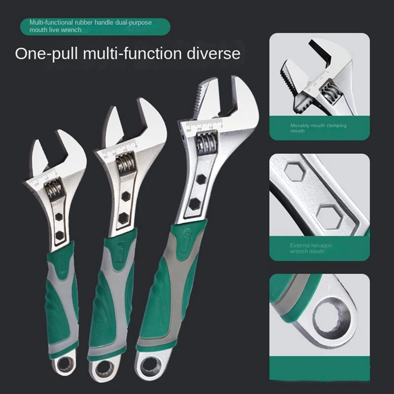 Multifunctional Adjustable Wrench With Large Opening Pipe Plastic Coated Non-Slip Handle