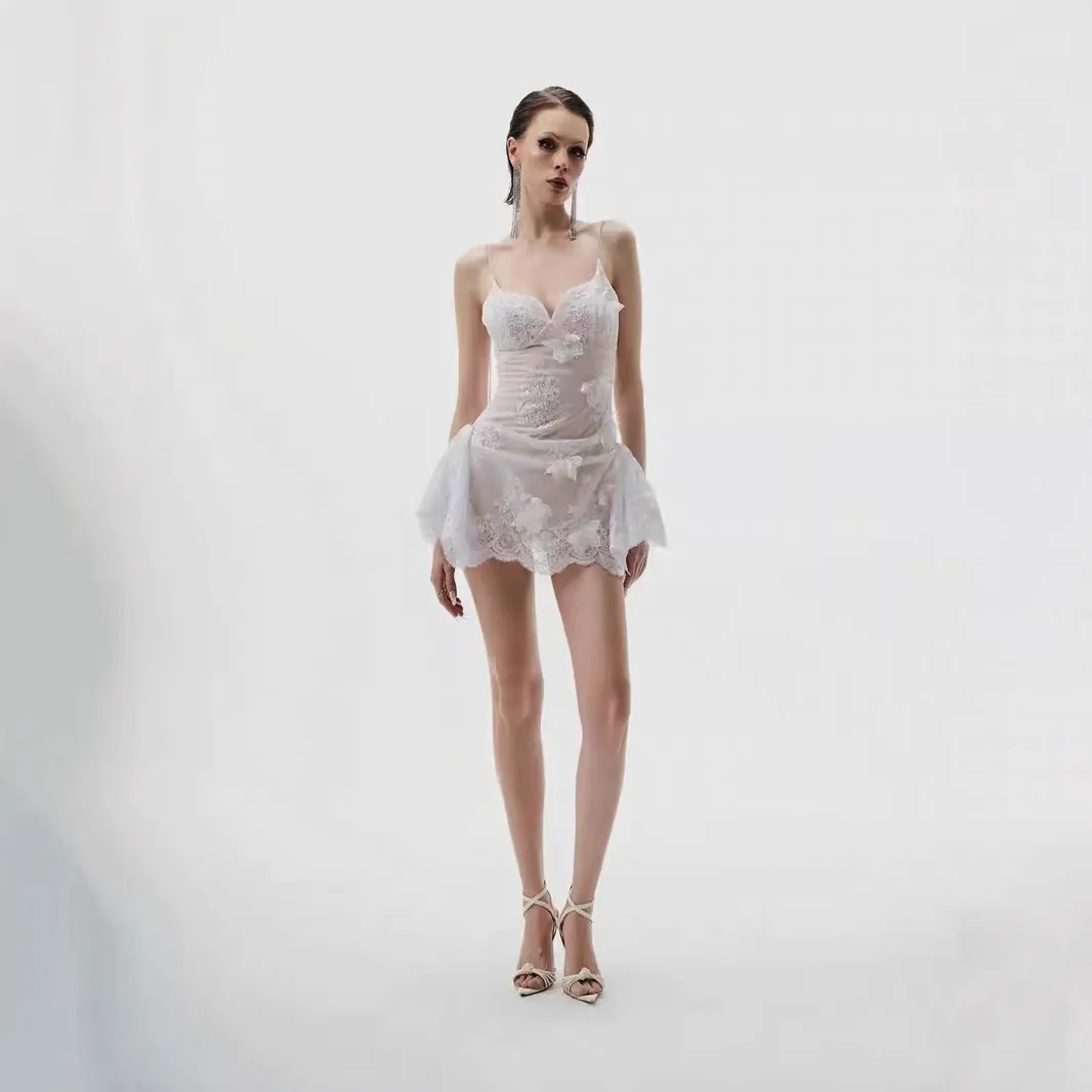 Sexy Lace Spaghetti Strap See Through Flower Dress for Women 2025 Summer High Waist Bodycon Mini Dresses Casual Holiday Outfits