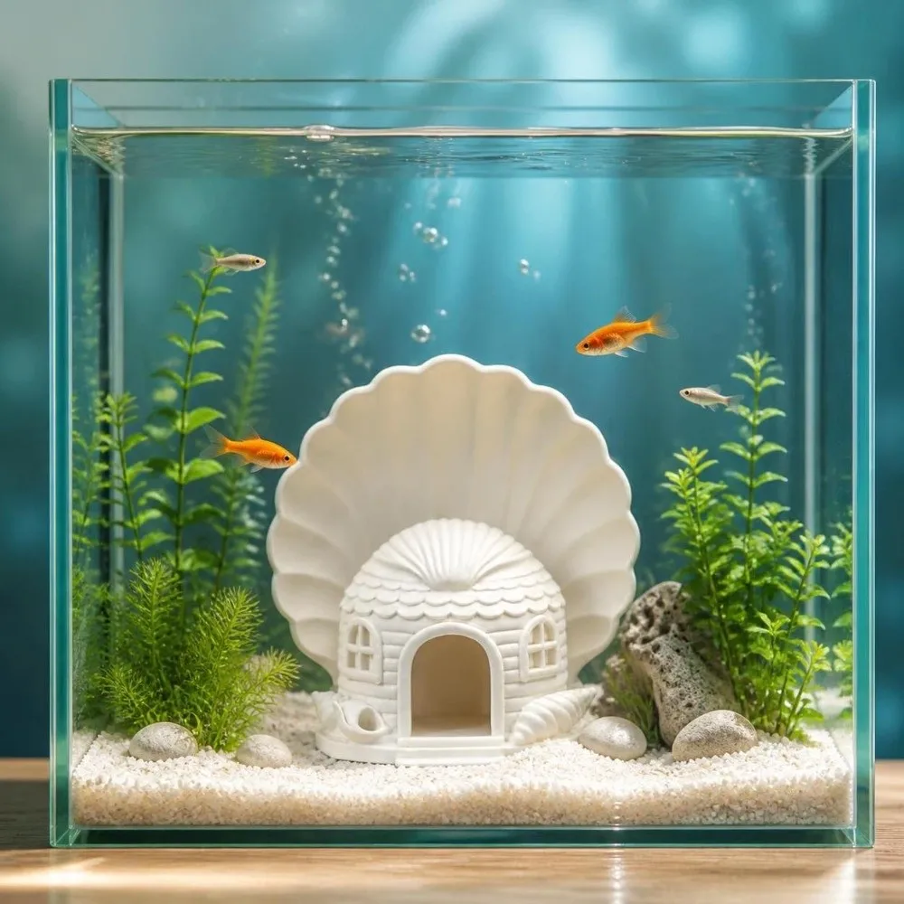 3D Printed Fish Hiding House Seashell Shaped Breathable Aquarium Cave Ornament Plastic Natural Look Fish Tank Hideaway