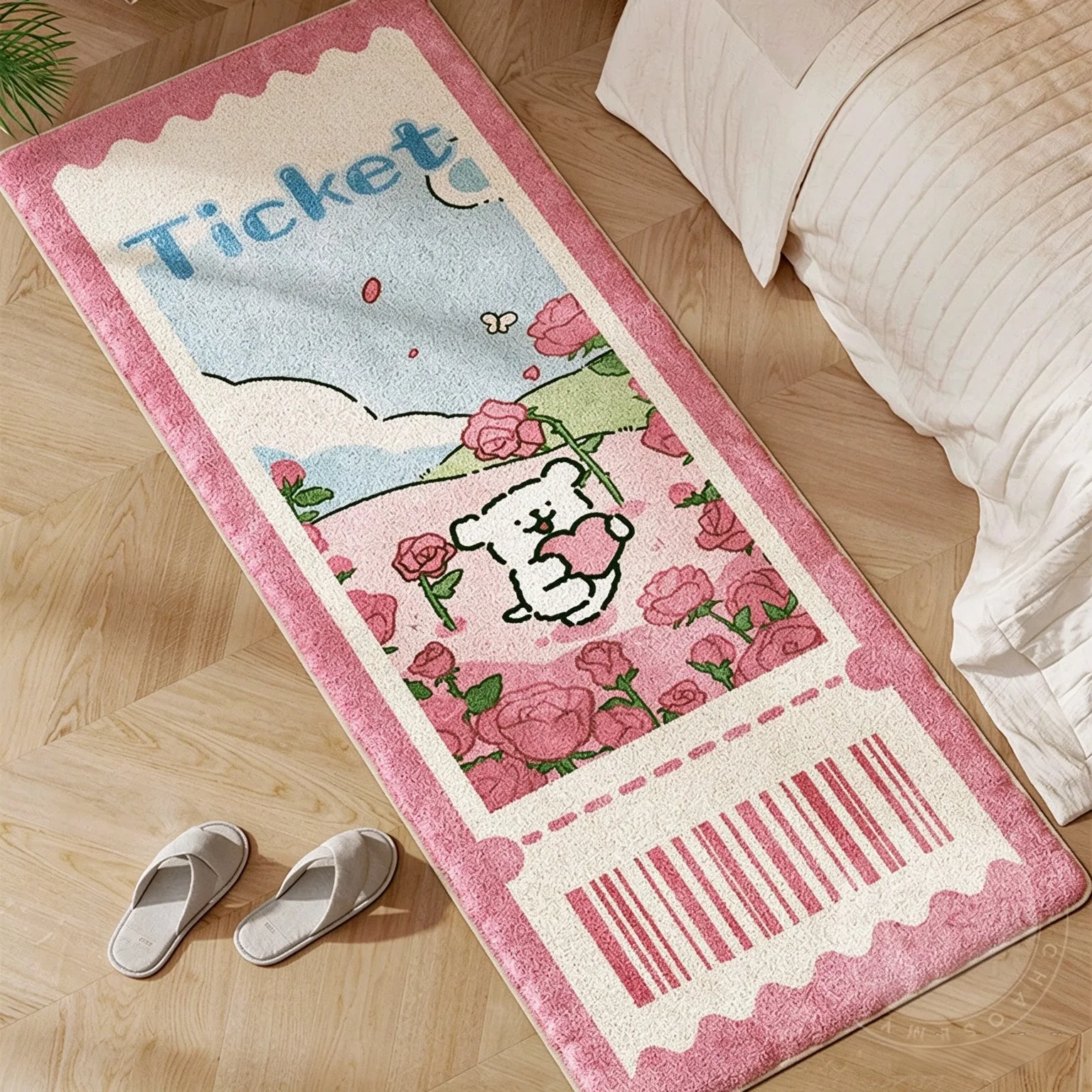 Cartoon Puppy Ticket Pattern Imitation Cashmere Rug Soft Ins Style Floor Mat Living Room Bedroom Aesthetic Decor Fluffy Area Rug