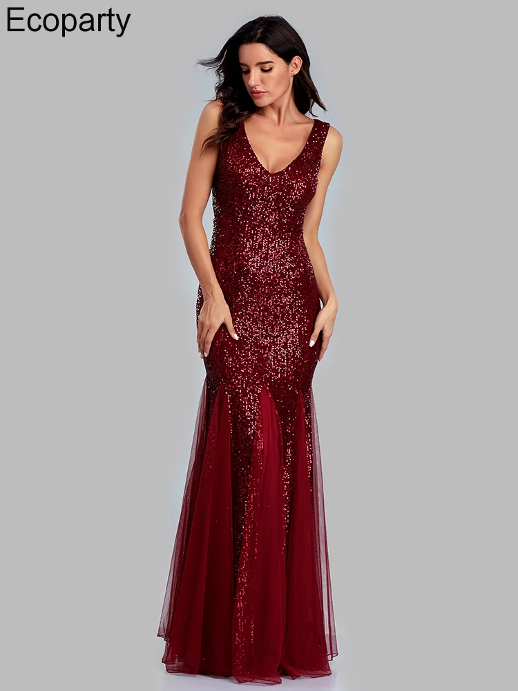 

V-Neck Mermaid Burgundy Dress Long Formal Prom Party Gown Sequin Sleeveless Robe De Soriee Sexy Evening Maxi Vestido Plus Size30