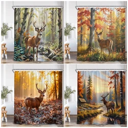 Autumn Forest Elk Shower Curtains Wild Animal Deer Red Maple Trees Fall Nature Landscape Polyester Fabric Bathroom Curtain Decor