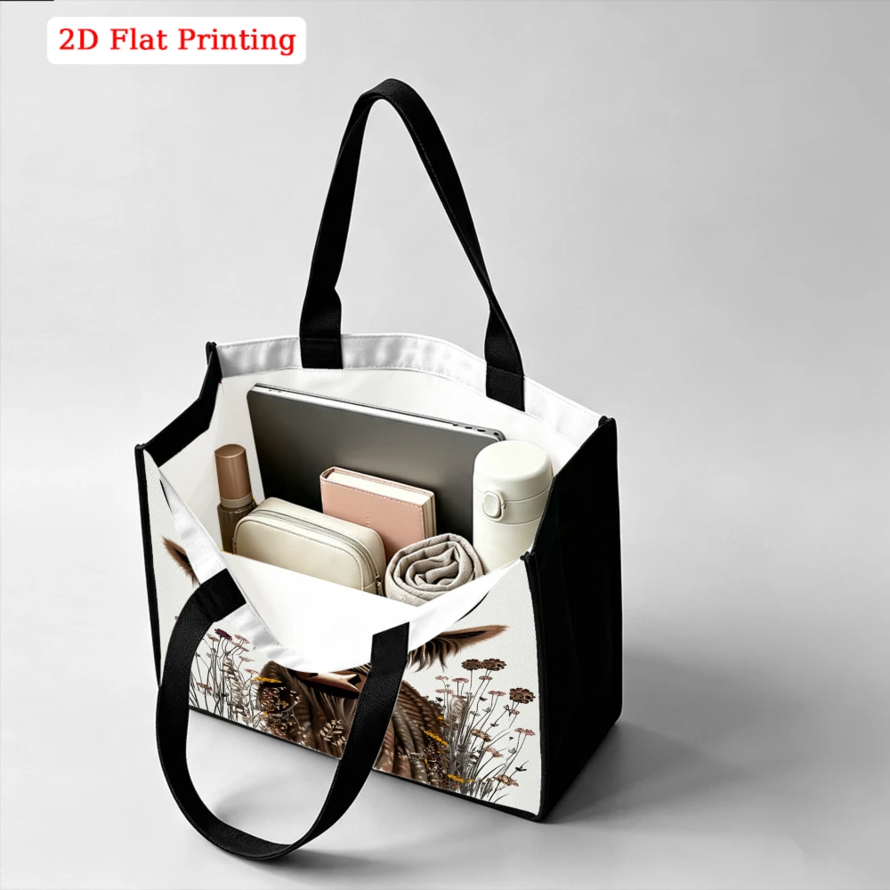 Highland Cow Wearing Dried Flower Crown Wild Meadow Print Large Tote Bag, Boho Country Farm Aesthetic Handbag