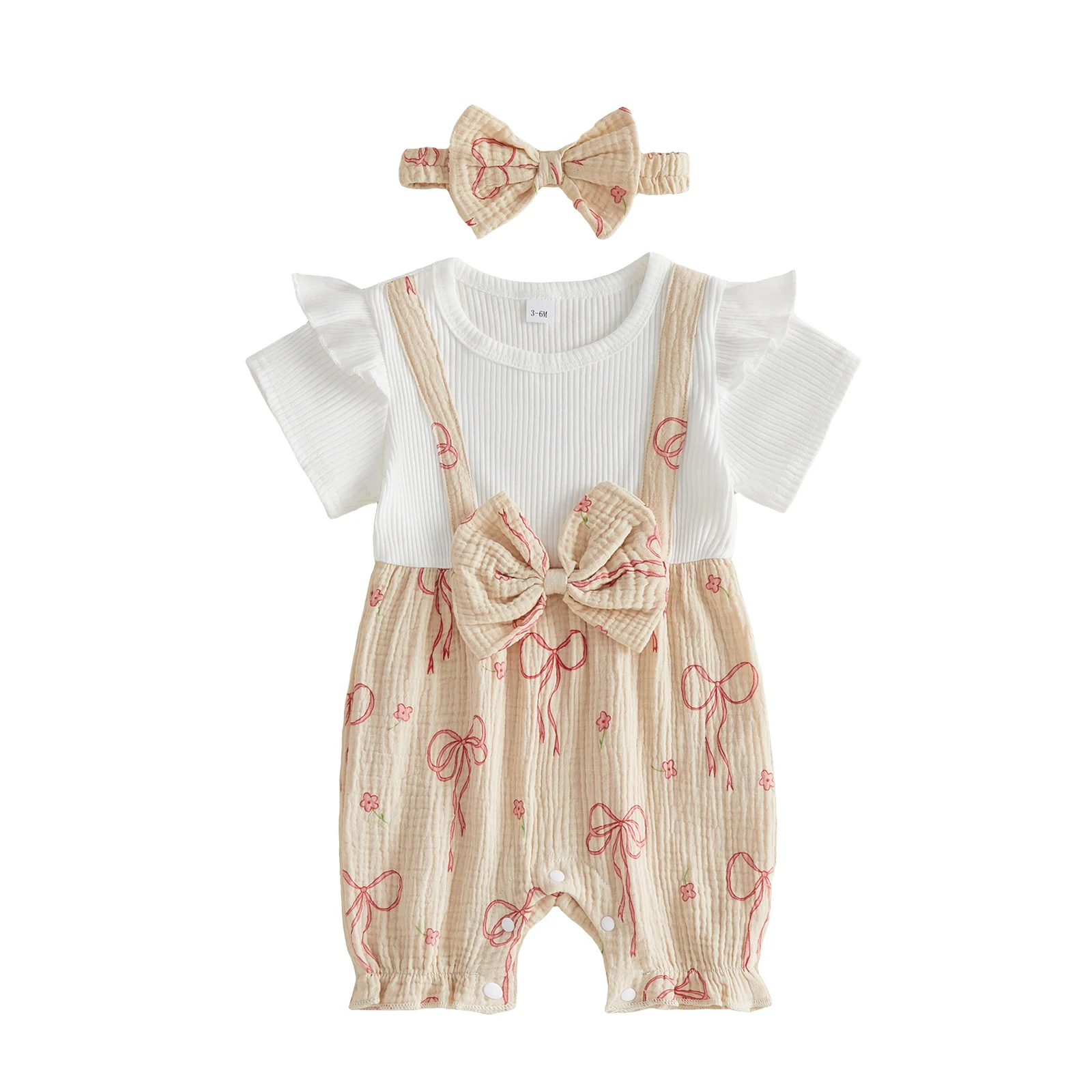 Baby Girl Summer Outfits Faux Two-piece Design Bow Print Ruffled Trim Short Sleeve Romper and Bow Headband 2 Pcs Set