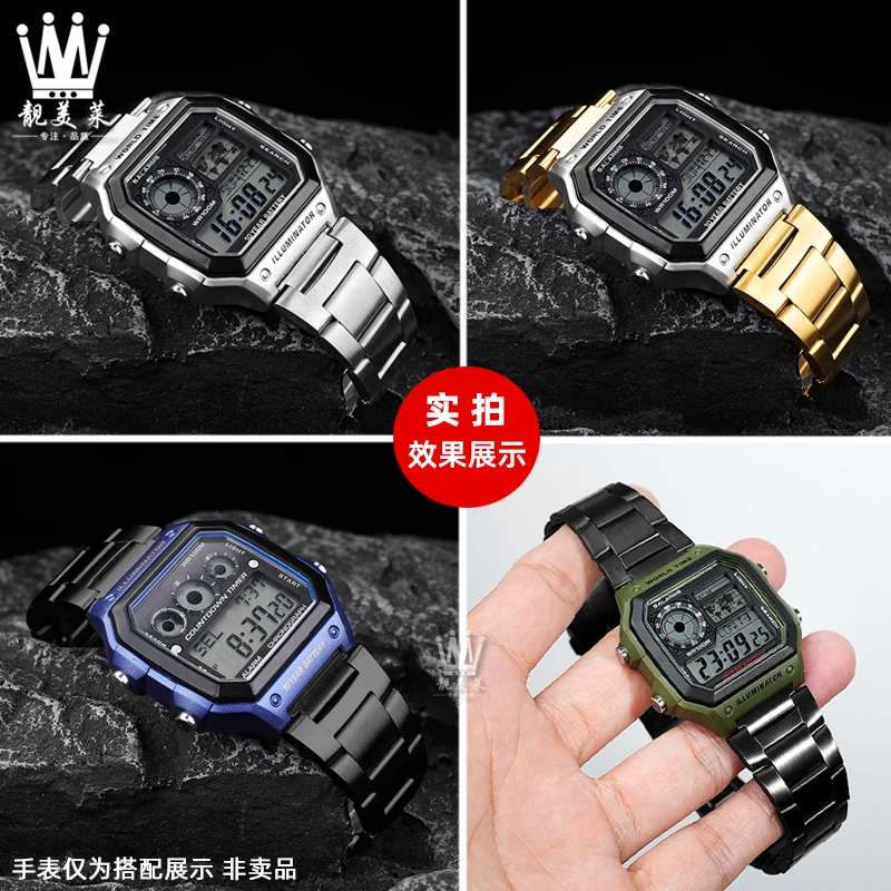 For Casio AE1200/1300/1500 A158/168/F91 Metal Watch strap 18mm Black silver Men Stainless steel Watchband attachment Equip tools