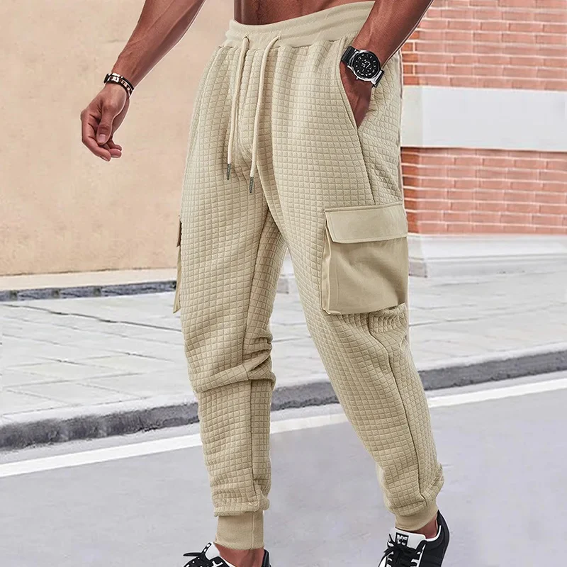 Men's Casual Work Pants Thickened Sporty Multi-Pocket Embroidered Small Square Grid Pattern Loose Fit Autumn Spring New Style