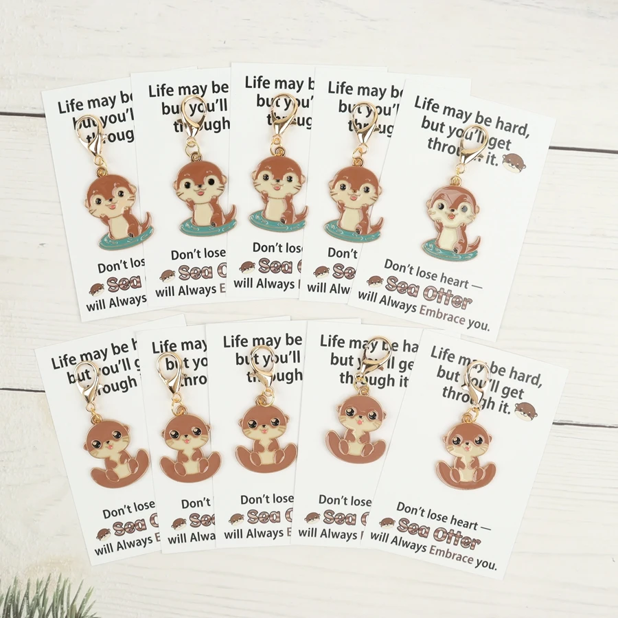 10 Cute Sea Otter Keychains, with Accompanying Encouraging Greeting Cards. Bags, Clothing Accessories, Holiday Party Gifts for Friends. Novelty and Fun Gifts.