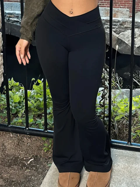 Rozkloszowane legginsy Crossover V talia damskie spodnie do jogi kontrola brzucha wysoka talia oddychające spodnie z szerokimi nogawkami Casual eleganckie spodnie