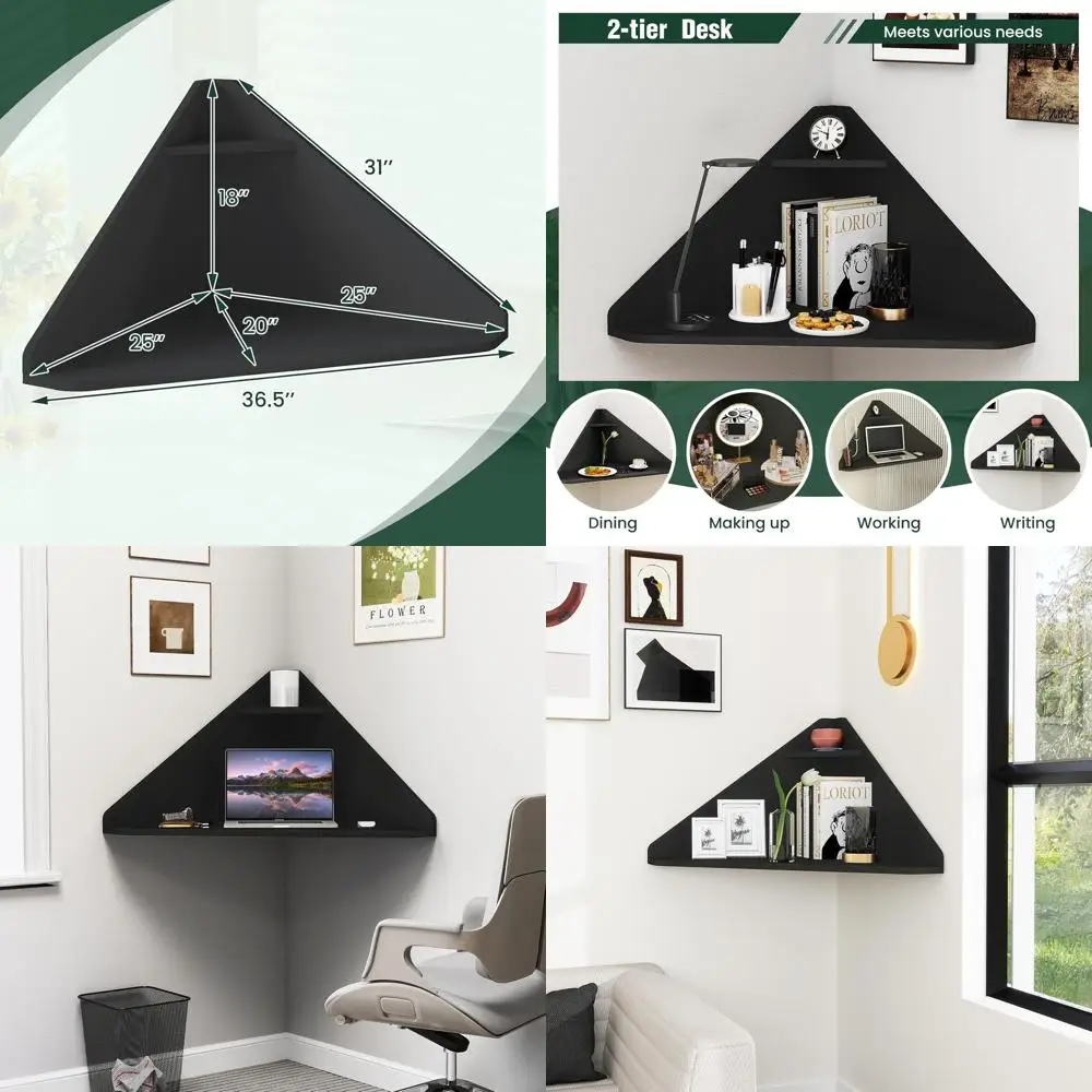 

Space-Efficient 90° Black Wooden Corner Desk with Storage Shelf for Home Office, Studying, and Writing
