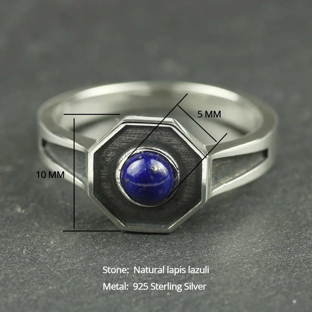 Original Design 925 Sterling Silver Rings For Men and women With Natural Lapis Lazuli Stone Hexagon Shaped Elegant Jewelry Ring