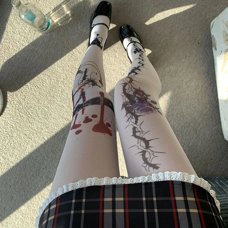 Halloween Women's Blood Flower Print Tights Gothic Letter Print Pantyhose Harajuku Women's Girls Punk Long Emo Girl Pantyhose