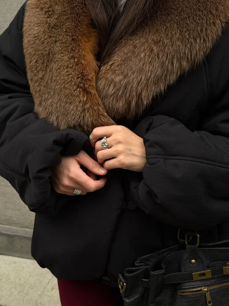 Womens Black Padded Coat Brown Faux Fur Collar Loose Fit Warm Snap Button Jacket Autumn Winter Travel Casual Streetwear Wear