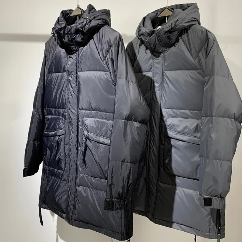 

Мужская куртка средней длины с капюшоном на утином пуху, осень-зима, толстая теплая ветрозащитная термоспортивная одежда, парка-пуховик с несколькими карманами