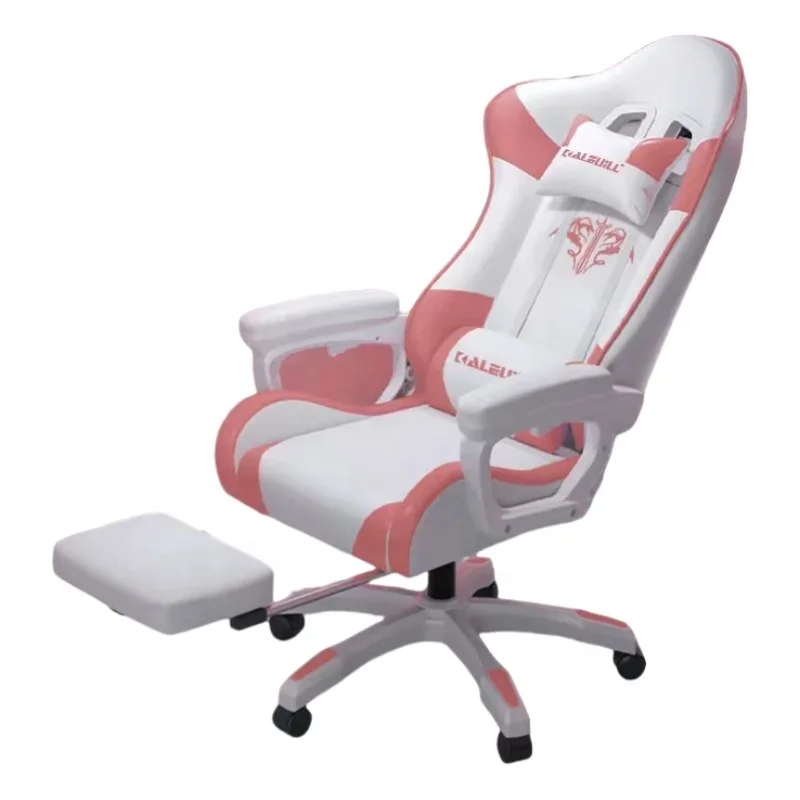 Cute pink female esports chair Ergonomics Racing style office computer game lift chair footstool Modern fabric design