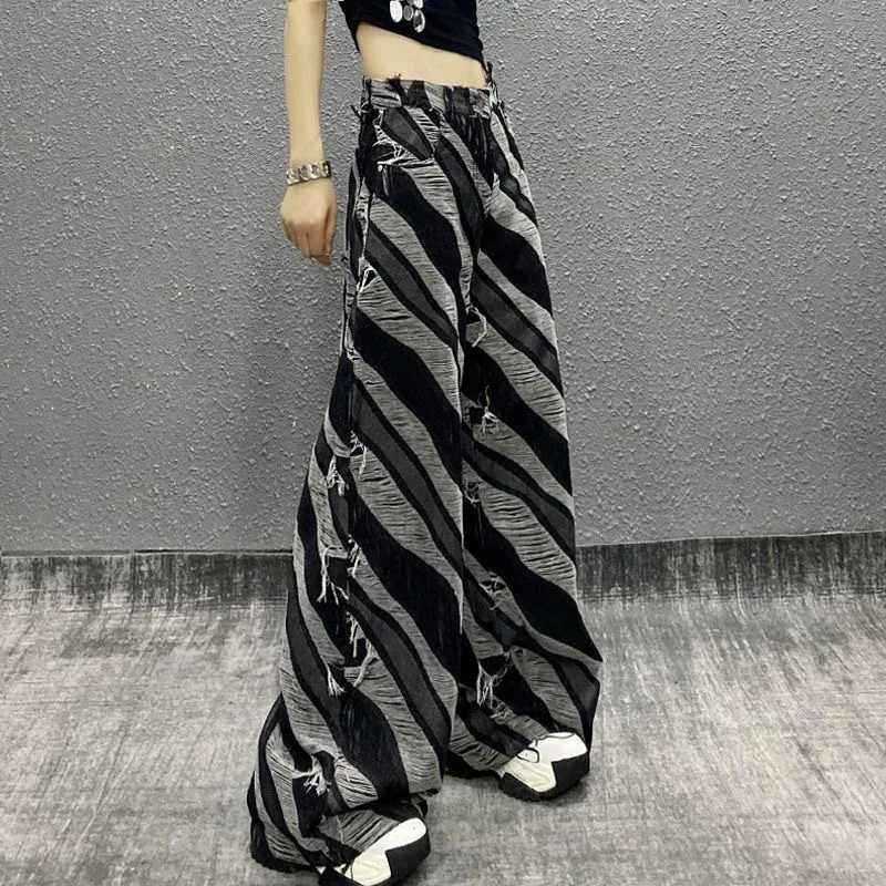 Color Matching Rough Edge Design Jeans Women's Niche Loose and Thin Wide-leg Floor-mopping Trousers