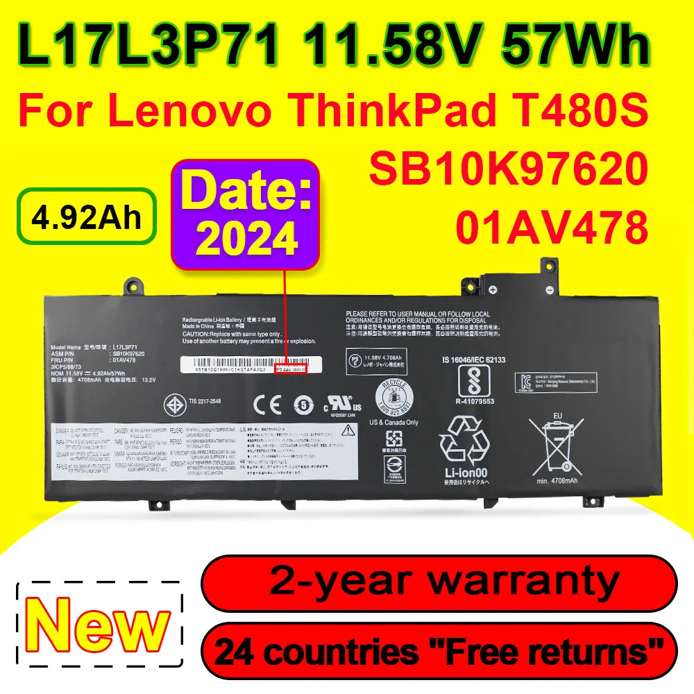 

L17L3P71 Battery For Lenovo ThinkPad T480S 01AV478 01AV479 01AV480 L17M3P71 SB10K97620 Laptop Batteries 11.58V 57Wh 4920mAh