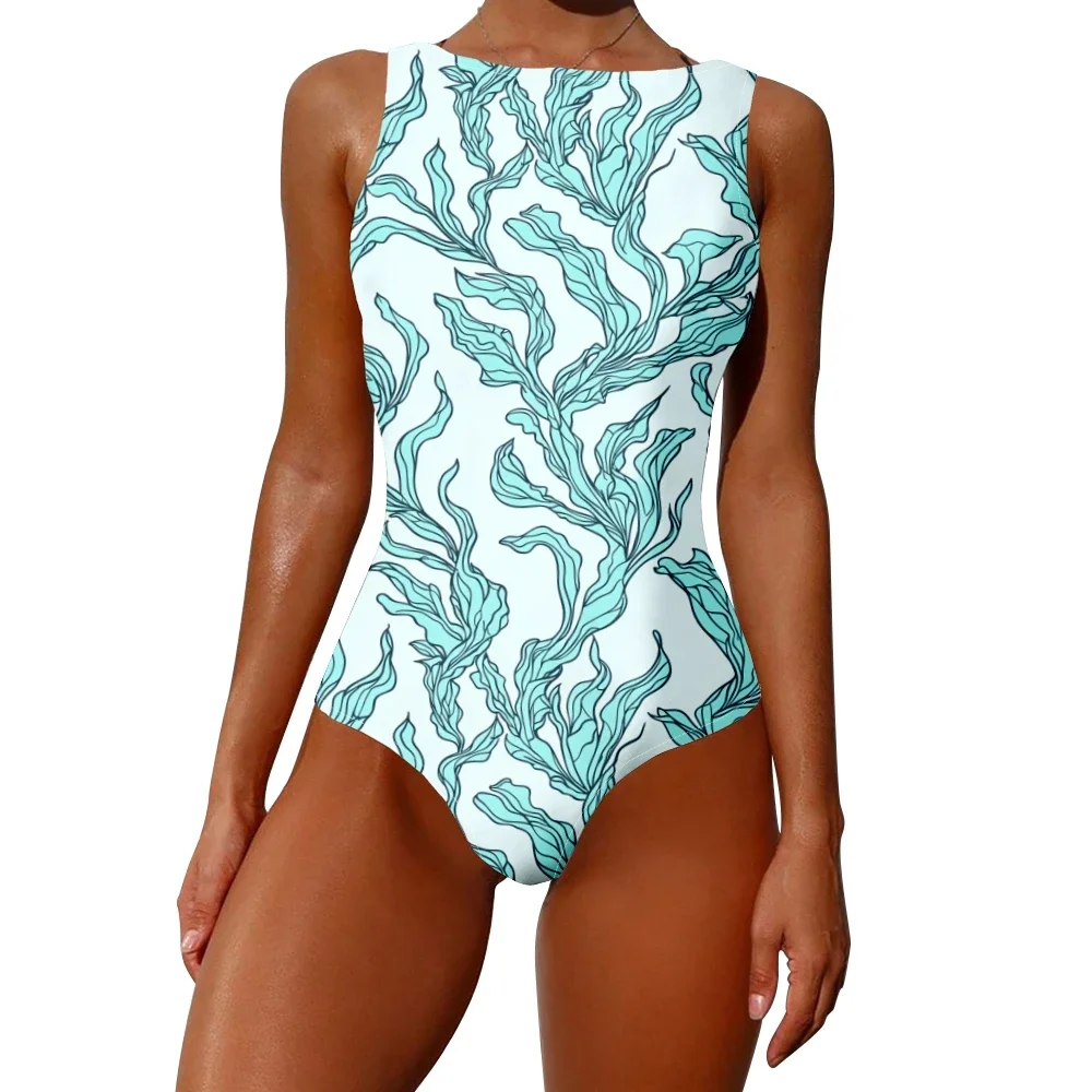 Seaweed Printed One Piece Swimsuit Tummy Control Lightweight Beachwear Vacation Essentials Removable Pads Oversized Swimwear