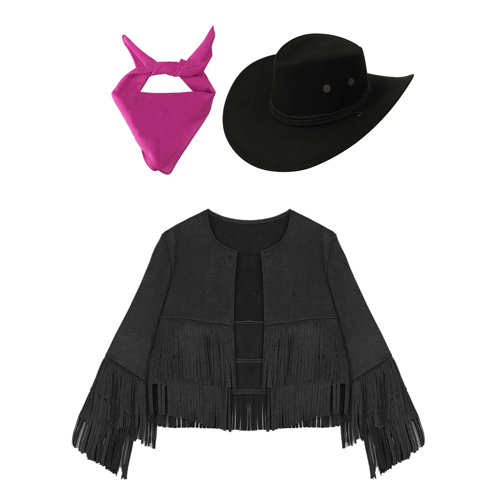 Unisex Kids Western Cowboy Costume Open Front Cowboy Suede Vest Tassels Fringe Waistcoat And Hat Bandanna Set Halloween Dress Up view 6