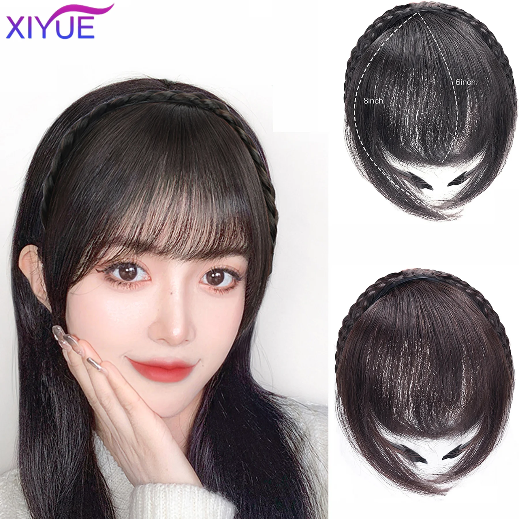 Synthetic Fake Bangs Hair Neat Rhinestone hairband With Braids Headband Heat Resistant Bangs In Hair Extensions Hairpieces Hair