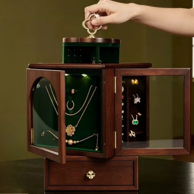 Rotate Jewelry Storage Box Wooden Necklace Display Case Large Capacity Bracelet Organizer Boxes LED Lights Ring Collection Cases