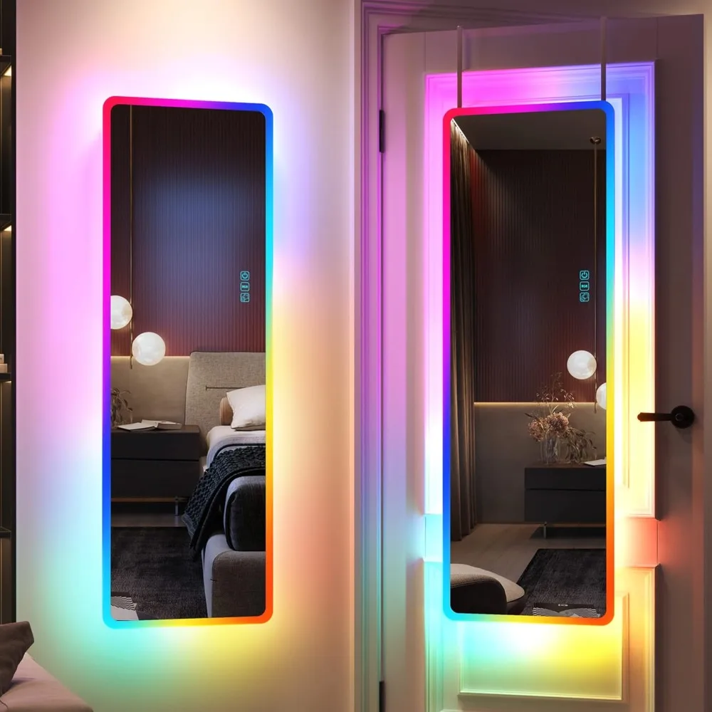 

LED RGB Full Length Mirror, Full Body Mirror with Lights, Wall Mounted Lighted Mirror, Over The Door Hanging Mirror, 14 LED