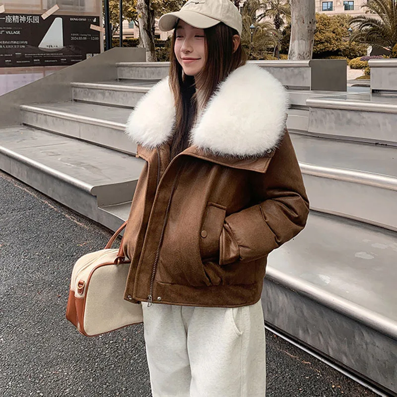 Fashion Fox Fur Collar Quilted Jacket Women Korean Zipper Waterproof Short Faux Leather Coat Autumn Winter Thicken Warm Parkas