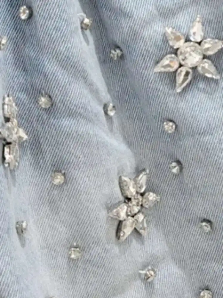 ヨーロッパのカラフルなダイヤモンドビーズハイウエストワイドレッグポケット巾着ブルーデニムショートパンツパンツ春夏