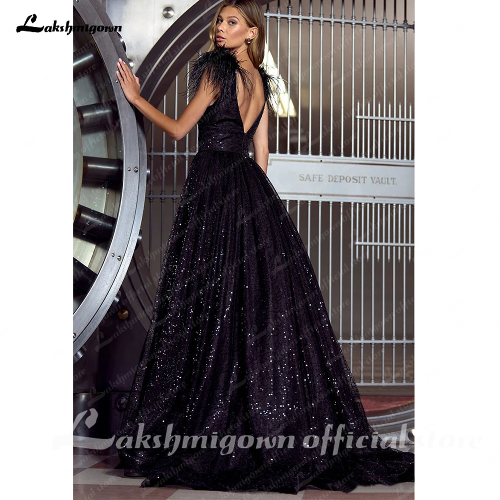 Lakshmigown Glitter Sequins A-line Wedding Dress Shiny Black Wedding Gown Feather On Shoulder Floor Lenght Party Dress