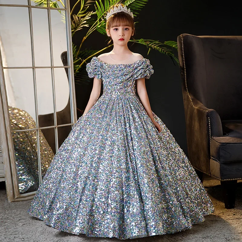 

Girls Sequin Ball Gown Off Shoulder Short Sleeve Princess Dress Kids Formal Party Gown Children Prom Pageant Costume