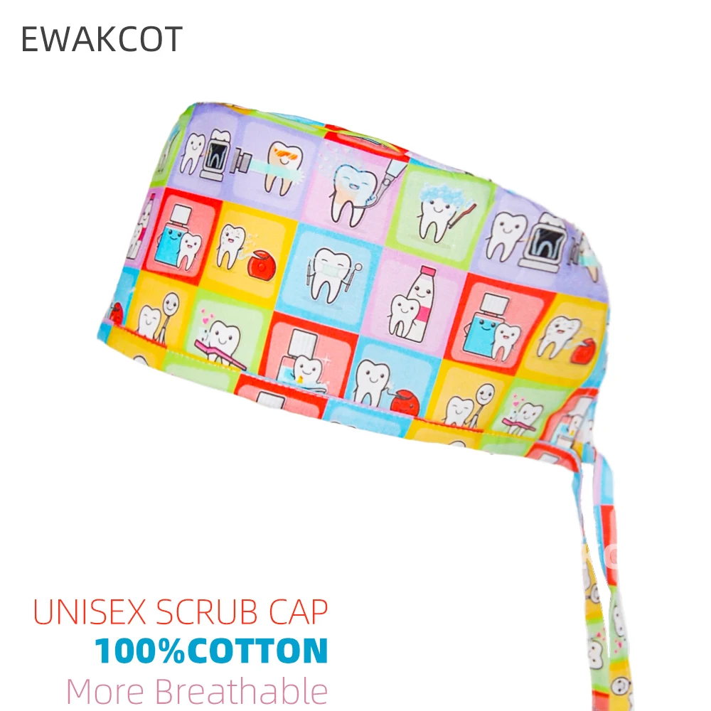 New Model Surgical Cap Cartoon Teeth pattern Woman man Dentist Work Scrub Cap Nurse Head Hat Unisex Cotton Medical Nursing Cap