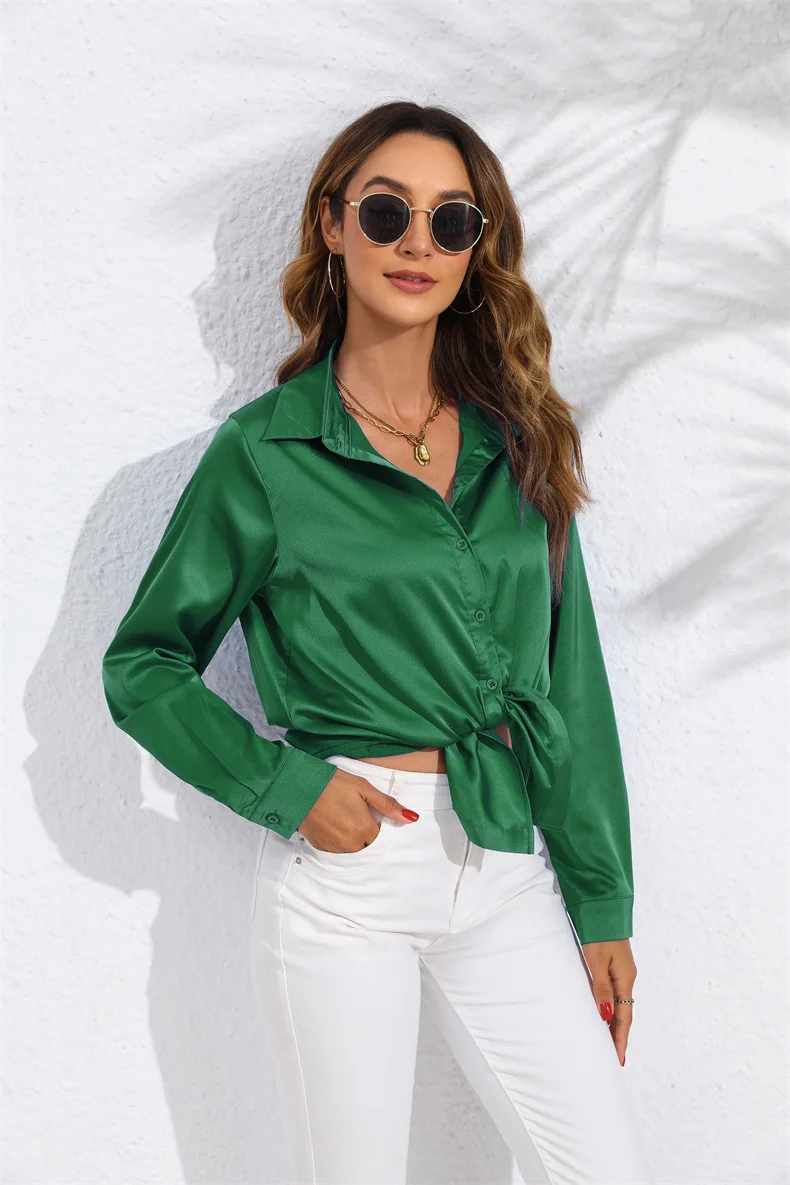 Women Satin Blouses Turn Soft Down Collar Shirts Office Lady Long Sleeve Casual Blouse Loose OL Shirt Baggy Tops Blusas 2024